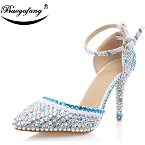 BaoYaFang Women wedding shoes Summer Sandals female Multicolored crystal ankle strap shoes woman Fashion Pointed toe High shoes