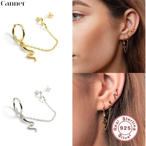 Canner 1pcs 925 Sterling Silver Ear Cuff Snake Dangle Huggie Earrings Cartilage For Women Fine Jewelry serpiente Earcuff W4