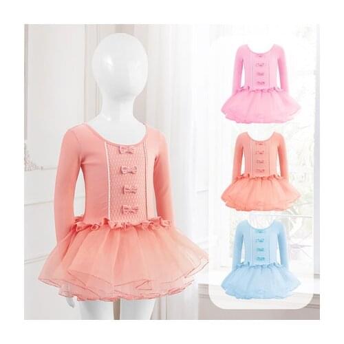 Girls Ballet Dance Tutu Dress Kids Children High Quality Short /Long Sleeves Tulle V Back Bowknot Gymnastics Leotard Dance Wear