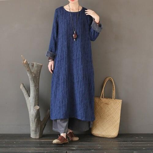 Johnature 2021 Autumn New Women Vintage Dress Fleece Warm Robe O-Neck Jacquard Long Sleeve Loose Original Women Winter Dresses