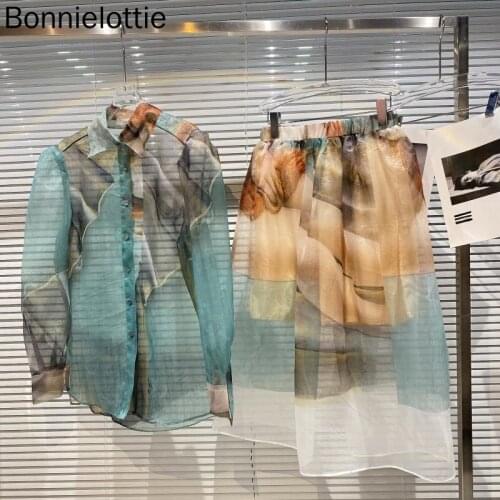 2021 Autumn Color Painting Pattern Mesh Guaze Transparent Shirt + Elastic Waist Skirt Two Piece Set New Outfit Korean Design