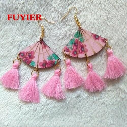 Fashion Wooden Earrings Cute Fan Tassel Drop Earrings Africa Map Cloth Art Earrings Women Party Drop Dangle Earrings Jewelry