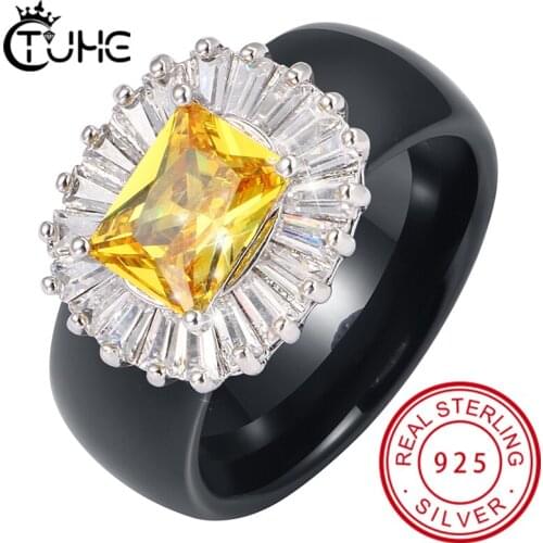 Fashion Yellow Crystal Square Shaped Wedding Rings Womens Zircon Engagement Rings Healthy Ceramic Finger Rings Glamour Jewelry