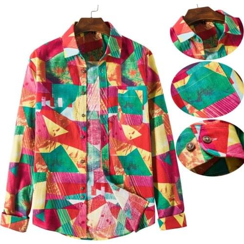 Men Geometric Casual Slim Fit Shirts Fashion Social Streetwear Long Sleeve Male Shirts Classic Button Cotton Linen Tops Business