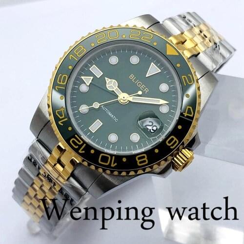 Bliger 40mm Top Brand Watch Sapphire Glass Ceramic Bezel Blue Dial Date Luminous Waterproof Mens GMT Mechanical Automatic Watch