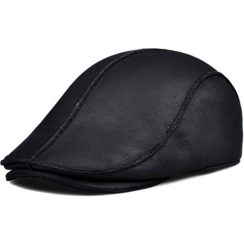Winter Genuine Leather Beret Hat Mens Korean Light Warm Real Leather Fur One Cap Male Hand-sewn Shearing Boina With Ear Tab