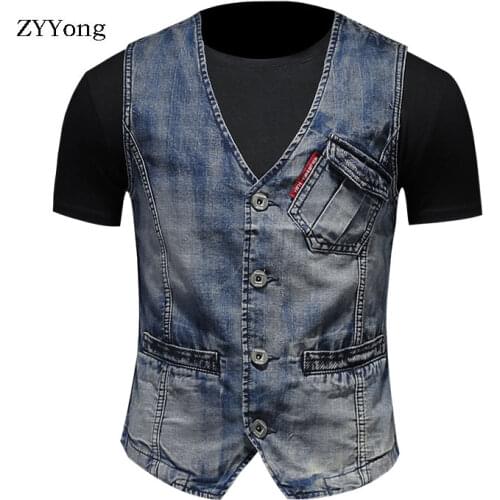Spring Retro Colorblock European Style Blue Slim Denim Suit Vest Coat Men Waistcoat V Neck Jean Jacket Motorcycle Gilet Homme