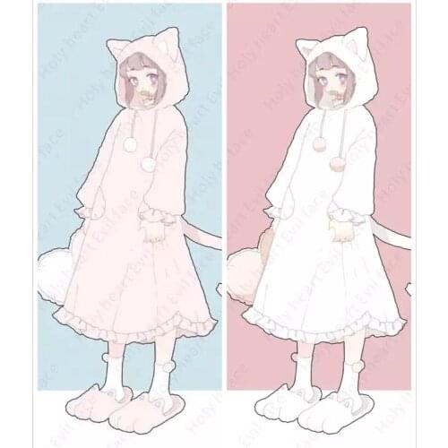 Super Cute Meow Star Girls Cat Ears & Tail Lolita Soft Fleece Sleep Dress Kawaii Nightgown Sleepshirt Pink & White