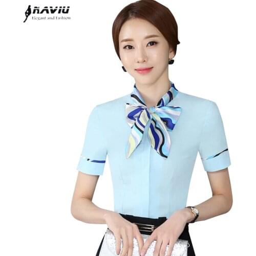 Naviu New Arrival Elegant Bow Shirt Women Short Sleeve OL Slim Chiffon Blouse Ladies Office Plus Size Formal Tops