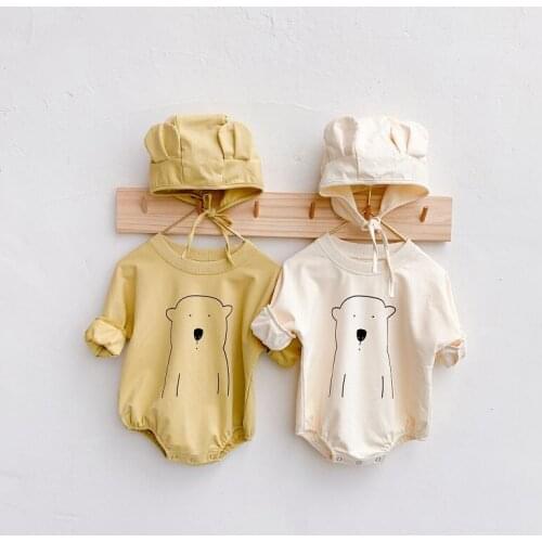 0-24M 2021 New Autumn Clothing Set Baby Boy Girl Bear Printed Cotton Long Sleeve Soft Romper With Hat Jumpsuit Infant Clothes