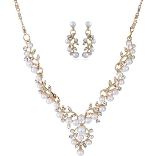 PAGlisten Exquisite Vogue Luxury Bride Jewelry Leaf Shape Rhinestone Imitation Pearl Necklace Earrings Sets For Women