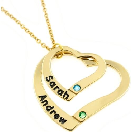 Personalized Double Heart Necklace Engraved Heart Birthstone Necklace Heart Jewelry Couple Pendants Girlfriend Necklace