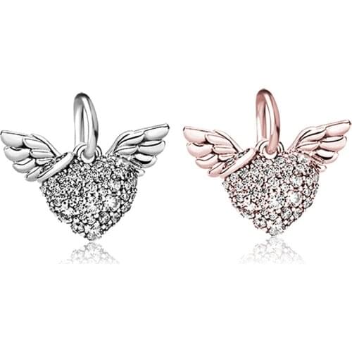 Clear Crystal Wings Heart Pendant Fit Original Pandora Charms Bracelet Rose Silver Color Wing Hearts Beads DIY Jewelry for Women