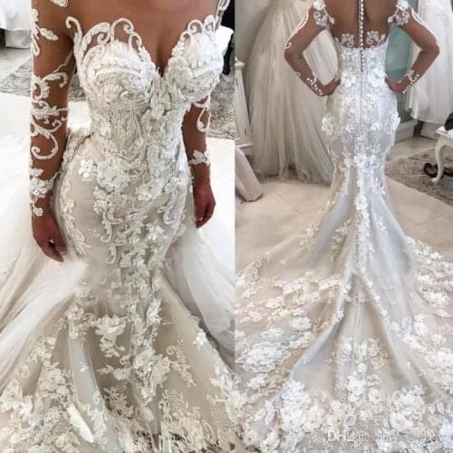 Luxury Mermaid Wedding Dress With 3d Flowers Sheer Neck Vestido De Novia Long Sleeves Plus Size Bridal Gowns