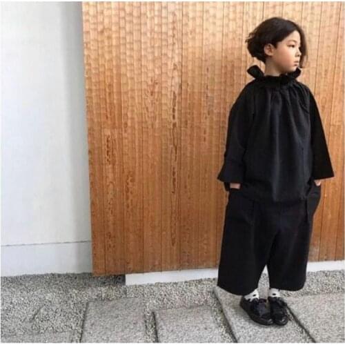 2021 Japan and Korea autumn children cotton hemp lotus leaf side collar loose-fitting long-sleeved front pocket shirt