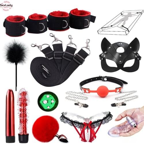 Sex Toys BDSM Bondage Set Under Bed Erotic Restraint Handcuffs For Sex Bdsm Toys Gag Tail Plug Women Men Nipple Clamps Toys