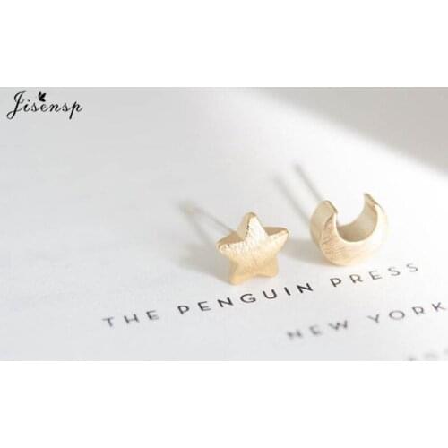 Jisensp Romantic Little Star Moon Stud Earrings for Women Party Gift Fashion Girls Asymmetric Moon Star Ear Stud Earring bijoux