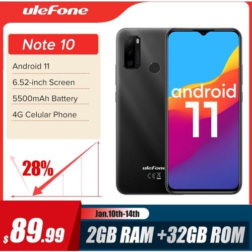 Ulefone Note 10(2021 NEW)Android 11 Smartphone 6.52" 2+32GB Octa Core 4G Cellphone 5500mAh Fingerprint ID /Face Unlock/OTG