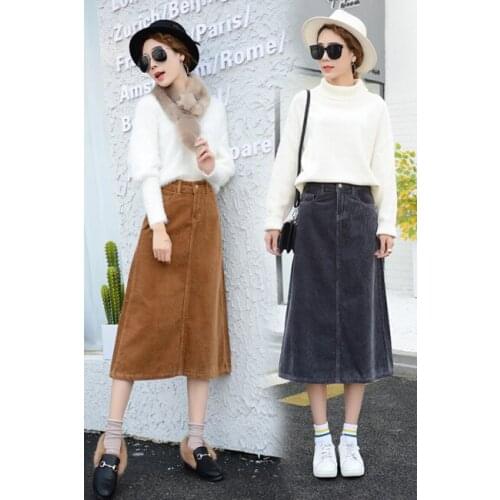 New Arrival The Autumn Winter Korean Thin High Waist Casual Loose Super Large Fashion Girls Corduroy Long Skirt Size 30-36 38 40