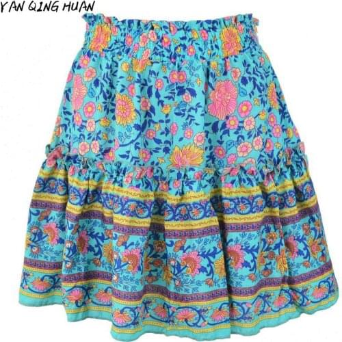 Fashion Flower Print Skirts Womens Summer Casual Bohemian Nation High Waist Lotus Leaf Beach Skirt Europe And America