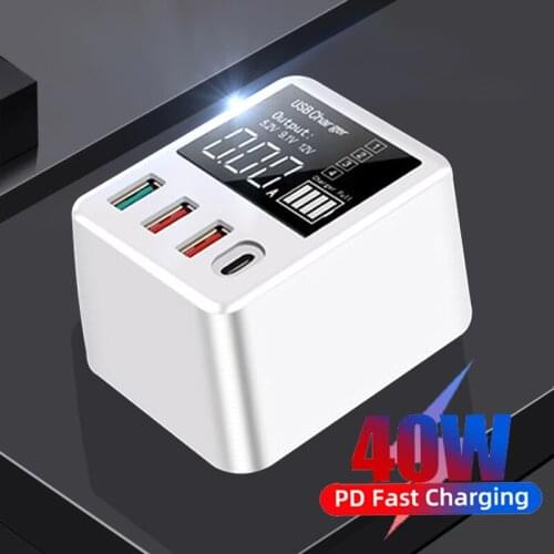PD QC3.0 Fast Charging Type-C 40W Digital Display 4 Ports Mobile Phone Charger For iPhone 11 12 Por Max Xiaomi 11 Huawei P40 P30