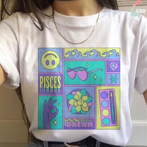 Summer 2021 Harajuku Twelve Constellations T-Shirt O-Neck Punk T Shirt Gesture Print Casual Short Sleeve Streetwear Women Top