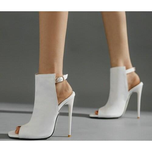 Black Red White 2021 Summer Women Ankle Boots Fashion Peep Toe Thin High Heel Womans Shoes Buckle Dress Shoes Plus Size 45