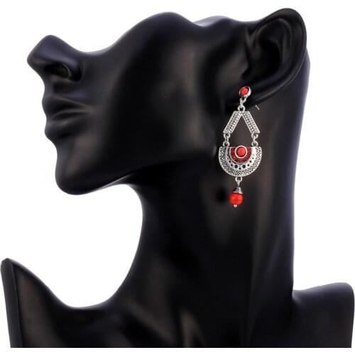 Vintage Red Blue Black Stone Drop Earrings Women Antique Color Ethnic Dangle Earrings Colors Crystal Geometry Boho Jewelry