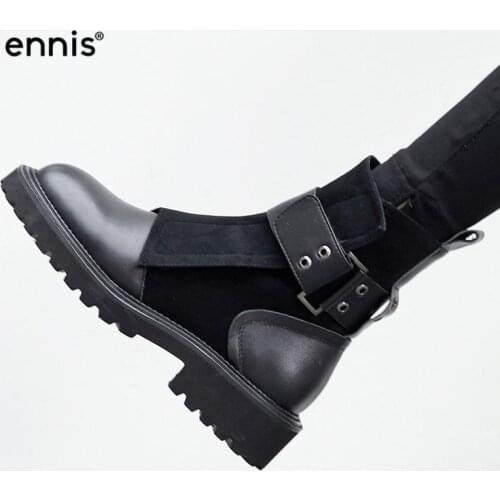 ENNIS 2020 NEW Ladies Black Boots Platform Genuine Leather Boots For Women Buckle Suede Boots Designer Autumn Winter Shoes A8182