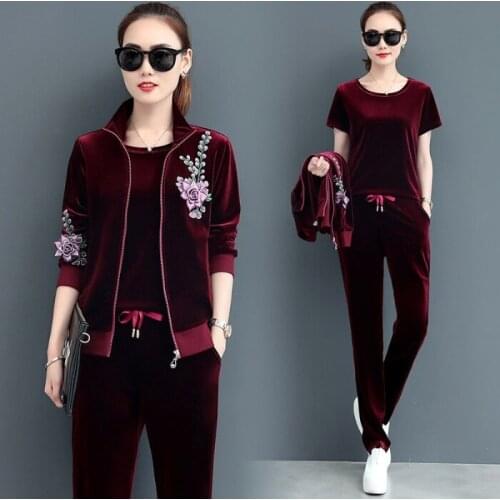 Plus size tracksuits women velvet 3 piece set fashion 2019 autumn winter outfits pants suits casual top coat warm costumes