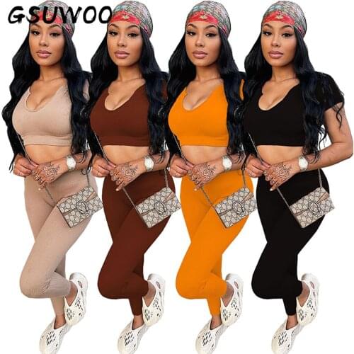 GSUWOO Woman Ribbed Knitted V-Neck Crop Top Leggings Sets Two-piece Set Summer Short Sleeve T-shirt Pants Outfits Clothing