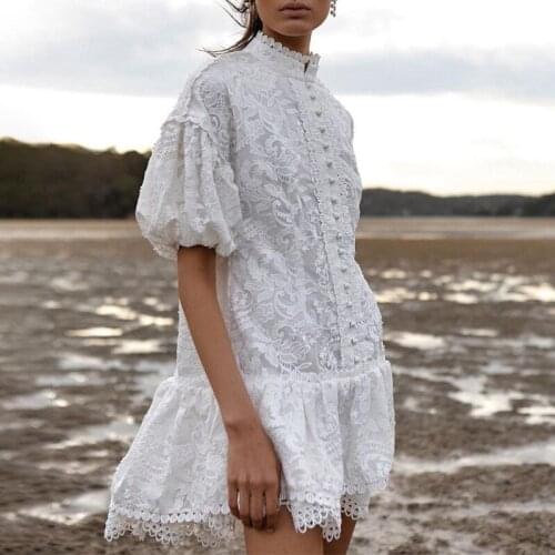 Women White Lace Dress Summer Stand Collar Short Sleeve Loose Casual