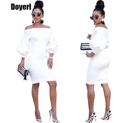 2020 Women Elegant White Off The Shoulder Bodycon Dress Lantern Long Sleeve Short Dress Sexy Night Club Evening Party Dresses