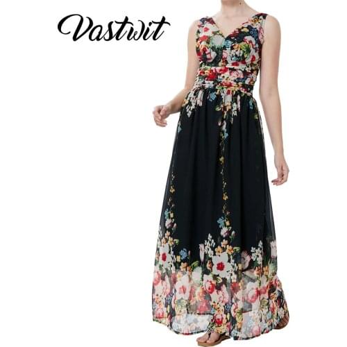 Womens Ruched Classic Chiffon Long Evening Dress Sleeveless Elegant and Chic Print Dress