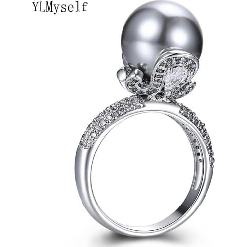 2021 Winter New Elegant Large Pearl Ring tiny Crystal Top Jewelry High Quality Women Trendy Jewellery Big Charming Finger Rings