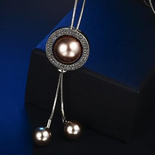 Korean Initial Crystal Women Necklace Pendant Long Sweater Chain Fashion Jewelry Silver Simulated Pearl Collares Accessories