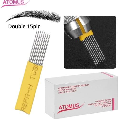 100pcs Double 15pin Agujas Microblading Microshading Micro Needling Needles Microblading Naald Tebore Lamina Eyebrow Embroidery