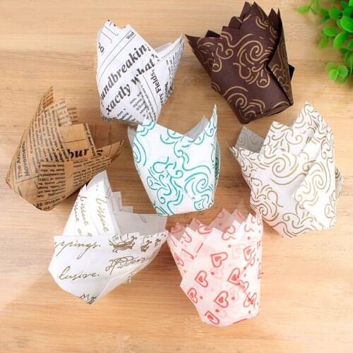 50pcs Newspaper Style Cupcake Liner Baking Cup Tulip Muffin Paper Cups Oilproof Cake Wrapper Cases Party Caissettes Decor Tool