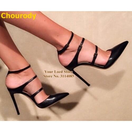 Choudory Black Matte Leather Pointed Toe High Heel Shoes Stiletto Heels Buckle Strap Gladiator Pumps Dropship Footwear Size52