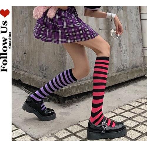 Japanese Striped Knee Socks Female Gothic Anime Breathable Bottoming Knee High Stockings Lolita Kawaii Body Shaping Socks Woman