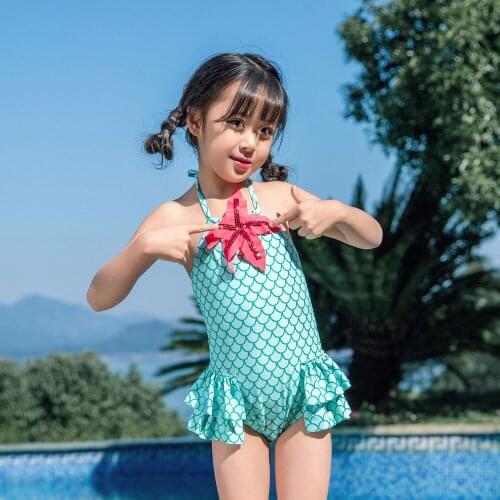 Girls Kids One Piece Mermaid Swimsuit with Tutu Design Halter Flounce Frilled Bathing Suits Beach Wear Swimwear age 2-12 Years