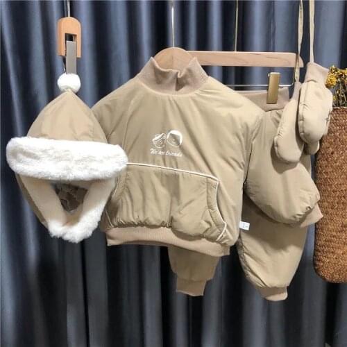 Baby Boys Girls Warm Set Winter Plus Velvet Kids Thickening Hat+Sweater+Pant+Gloves Four-piece Sport Suits Children Clothing