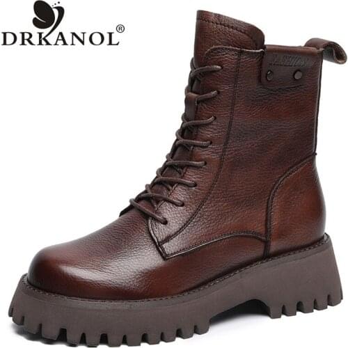 DRKANOL 2021 British Style Handmade Retro Women Platform Heel Boots Luxury Full Cow Leather Mid Calf Thick Heel Martin Boots