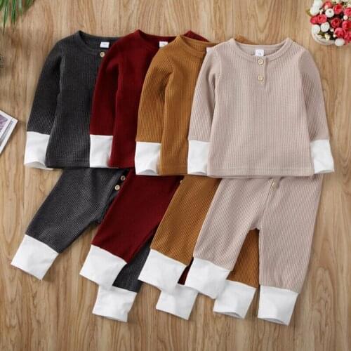 ImCute 2020 Winter Spring Toddler Baby Girl Boy Solid Color Buttons Long Sleeve Tops Pants Knitted Clothes 0-24M