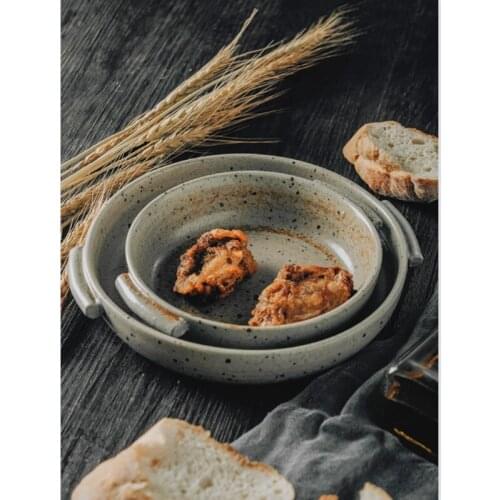 Japanese Style Ceramic Plates Two-ear Food Plate Retro Handmade Ceramic Plates Home Restaurant Round Steak Plate Dish Tableware