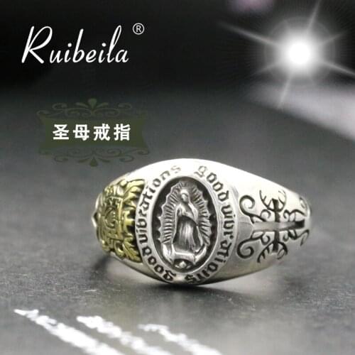 Ruibeila100 % 925 sterling silver Virgin Mary retro opening size adjustable Thai Silver small ring for men and women
