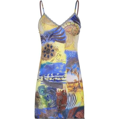 Summer new landscape painting print sexy sling hit color V-neck bottoming split dress