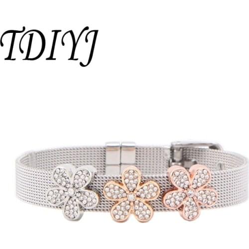 TDIYJ Keeper Bracelet Set Stainless Steel Mesh Bracelet with Crystal Flower Keeper Charms for Gift 1Set