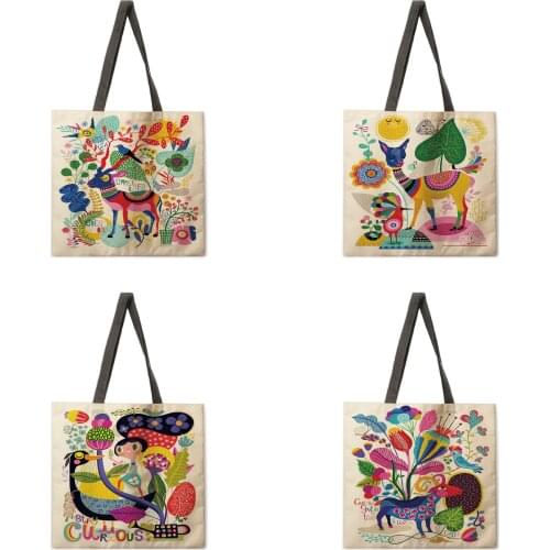 Nordic hand-painted printed tote bag linen fabric casual tote bag foldable shopping bag reusable beach bag lady shoulder bag