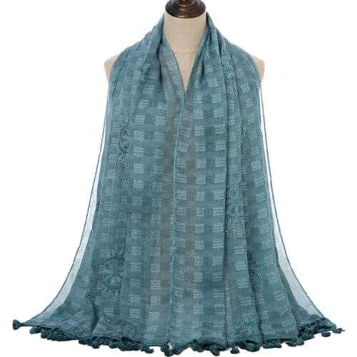 New Arrival Embroidery Cotton Lace Scarf Shawls Muslim Hijabs With Rhinestone Large Size Headscarf Wraps Women 1PC Retail